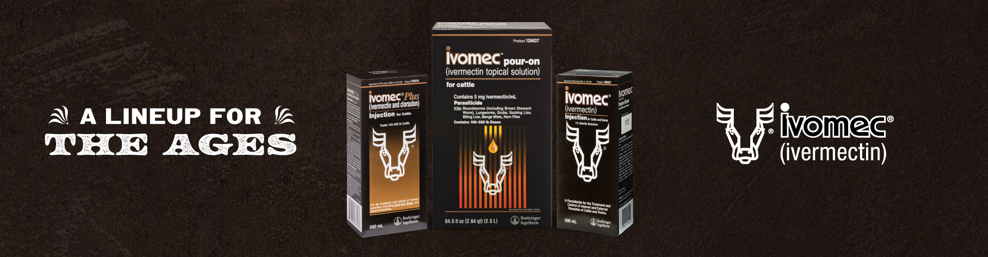 Ivomec products lineup for cattle, featuring ivermectin solutions in different formats, with the slogan 'A Lineup for the Ages.
