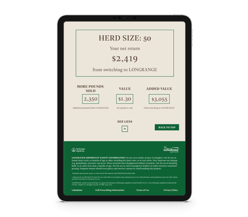 Tablet displaying LongRange investment calculator results for cattle herd size and net return.