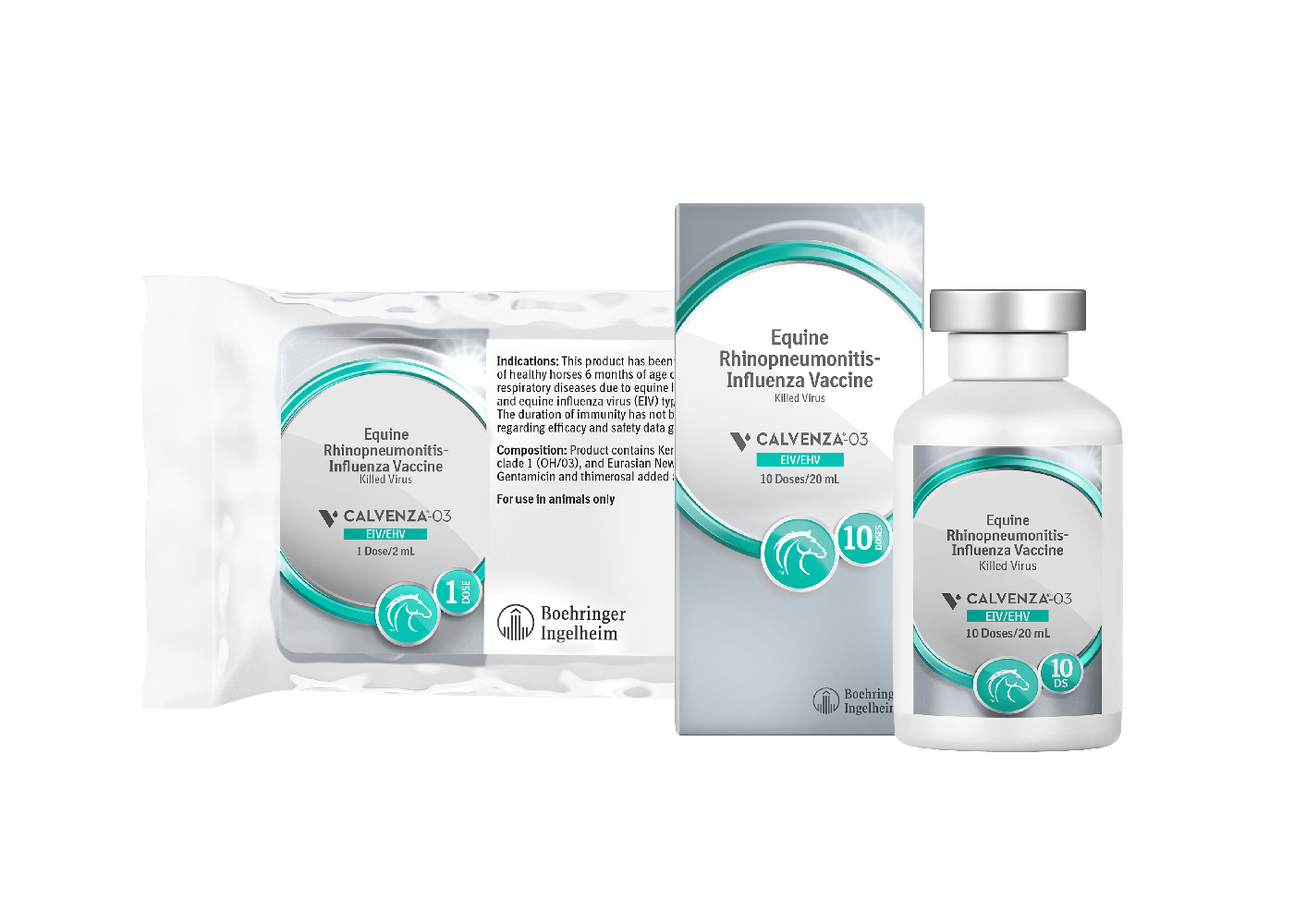 Calvenza-03 vaccine for equine rhinopneumonitis and influenza in 1 and 10 doses.