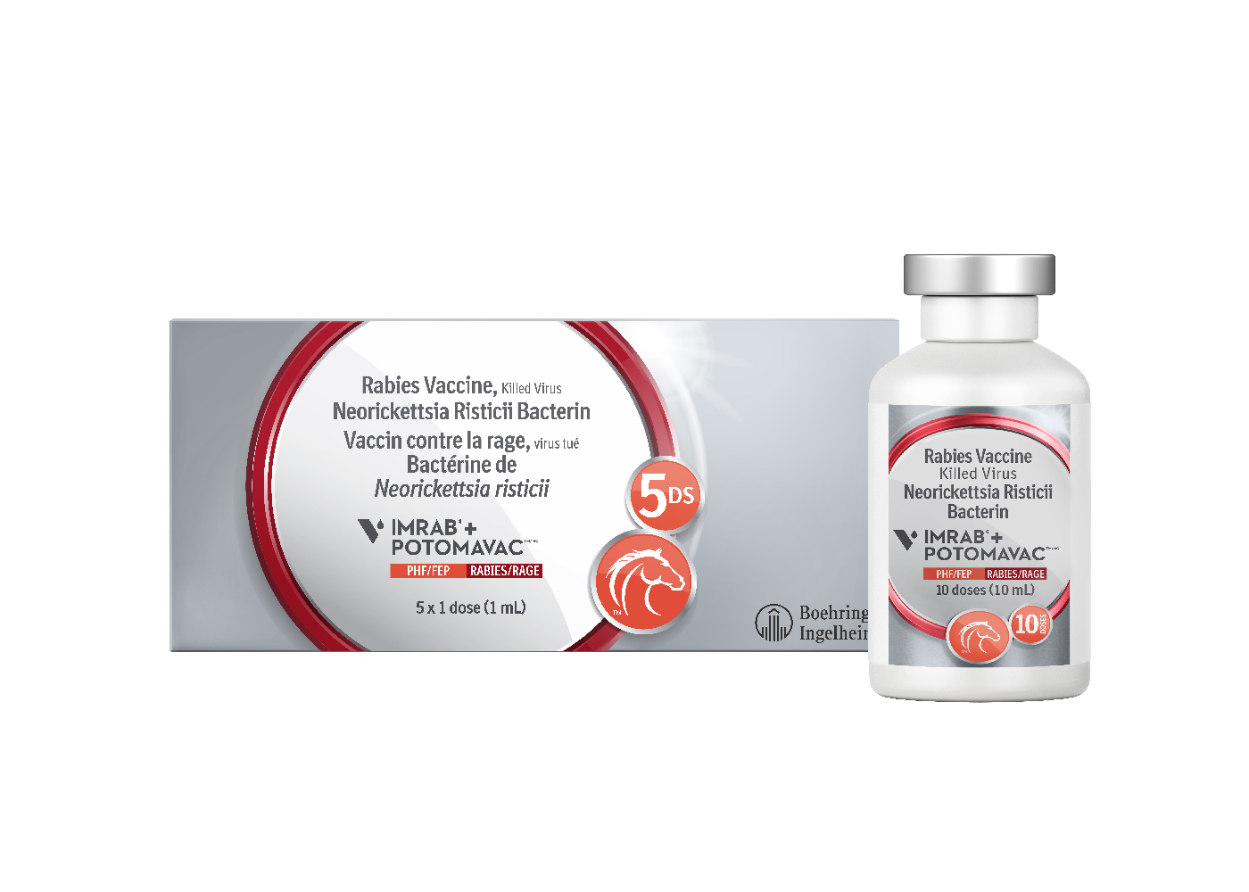 IMRAB + Potomavac rabies vaccine with Neorickettsia Risticii bacterin in 5 and 10 doses.