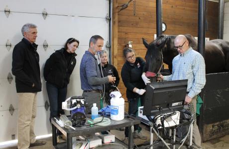 People standing around a screen looking at information on gastroscopy