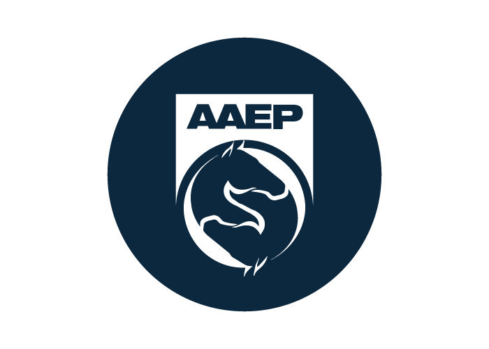 Dark blue round logo for AAEP with two horses in the center