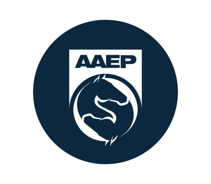 Dark blue round logo for AAEP with two horses in the center