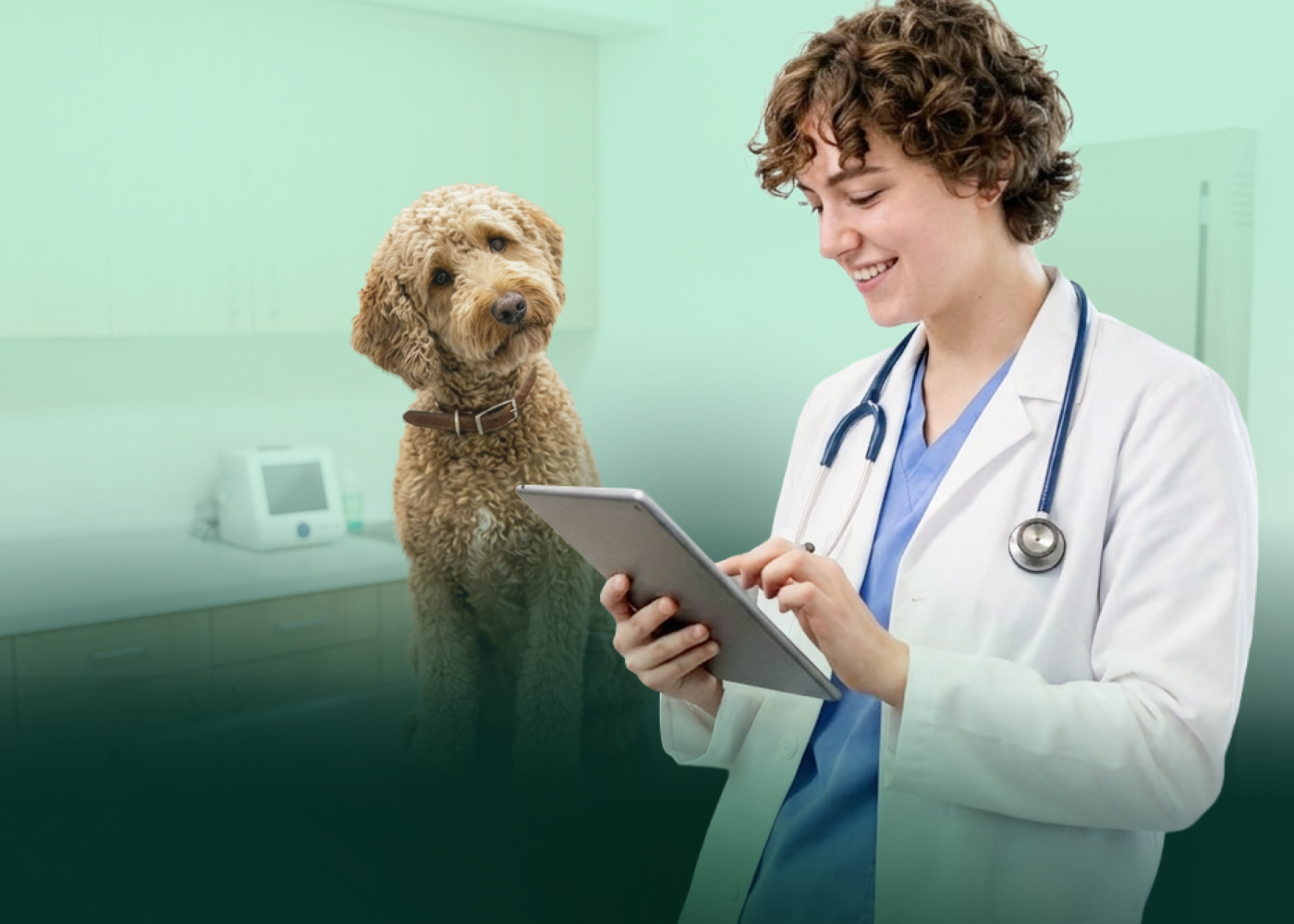 Female veterinarian with short, dark hair looking at a tablet