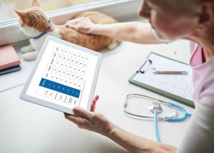 A person inspects a comparison chart of Tresaderm against other products