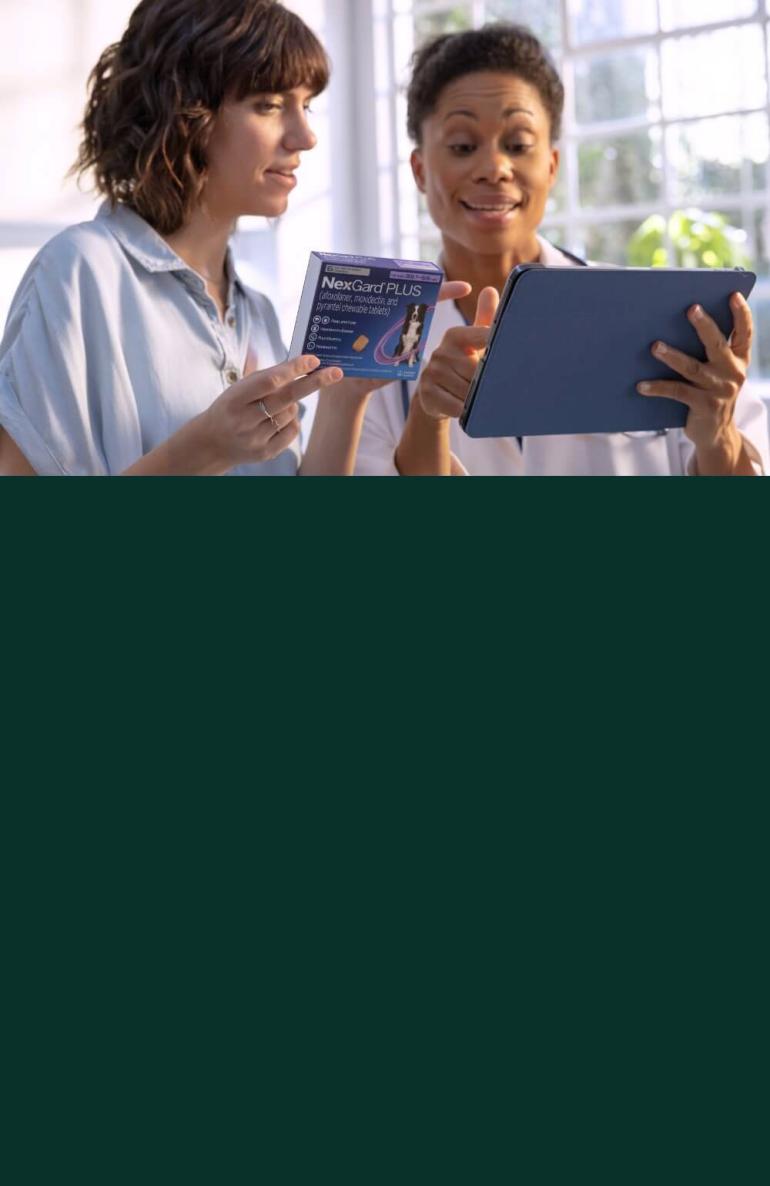 A vet and her client discuss NexGard Plus