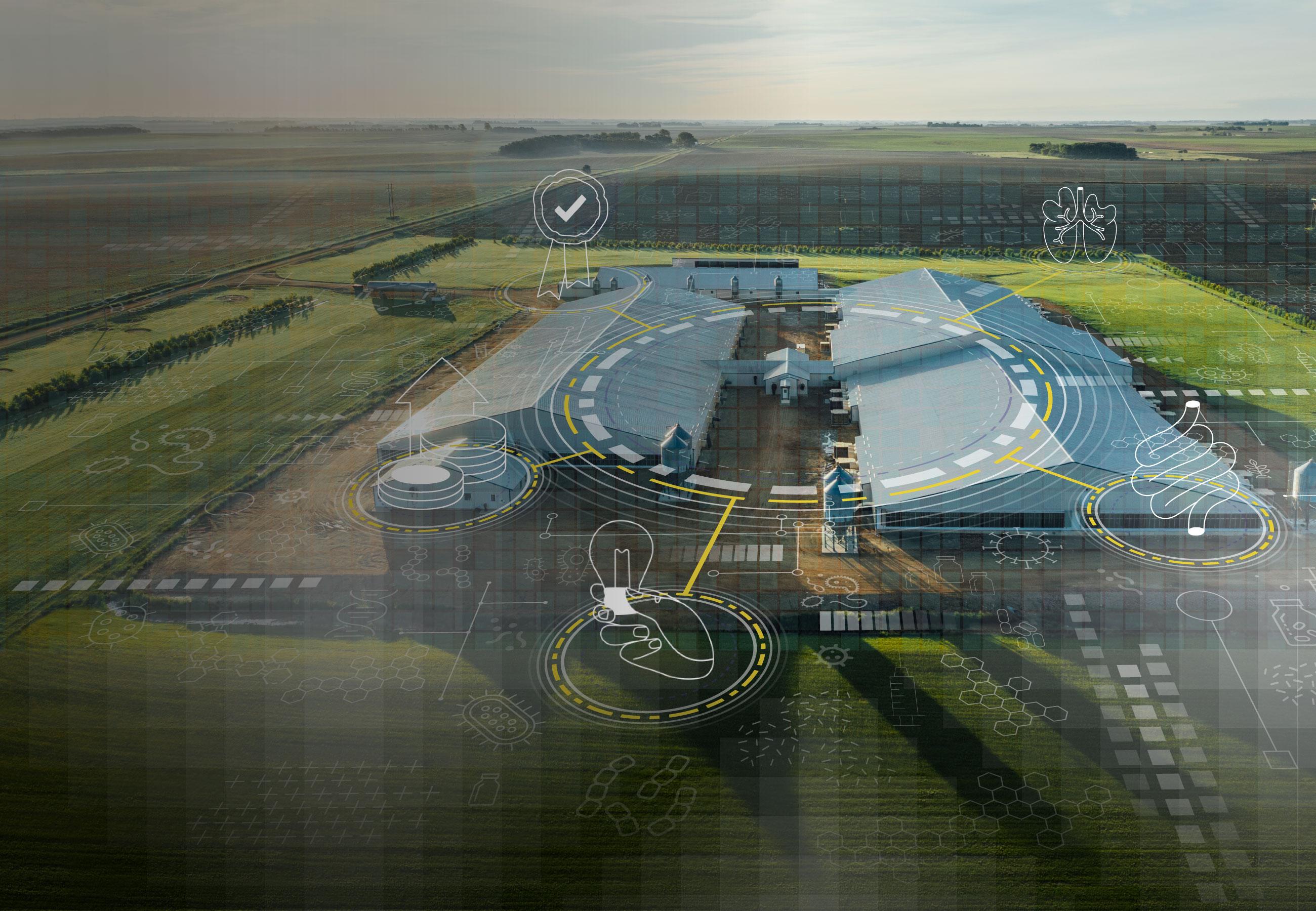 Dynamic pig health in futuristic agricultural facility with digital overlay of technology icons and data visualization elements.